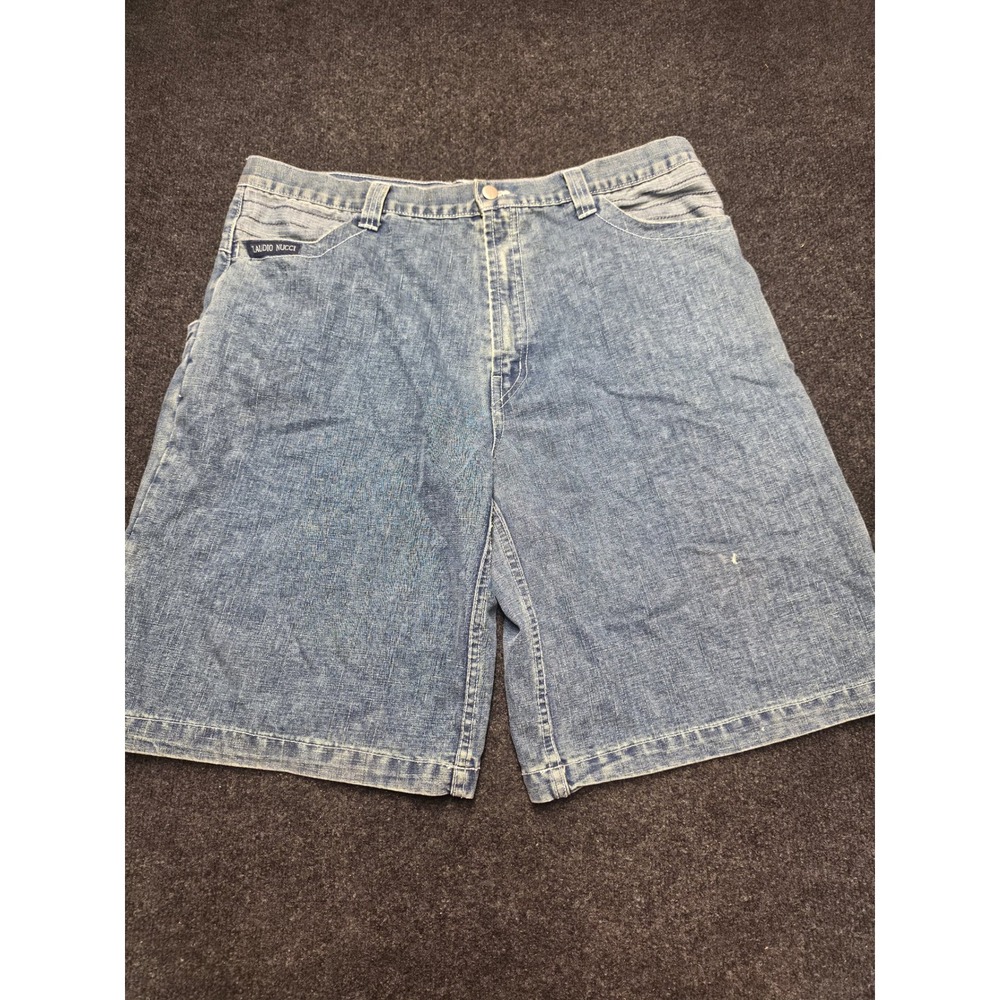 Claudio Nucci Mens Baggy Denim Shorts Blue Y2K Tribal Embroidered Size 38